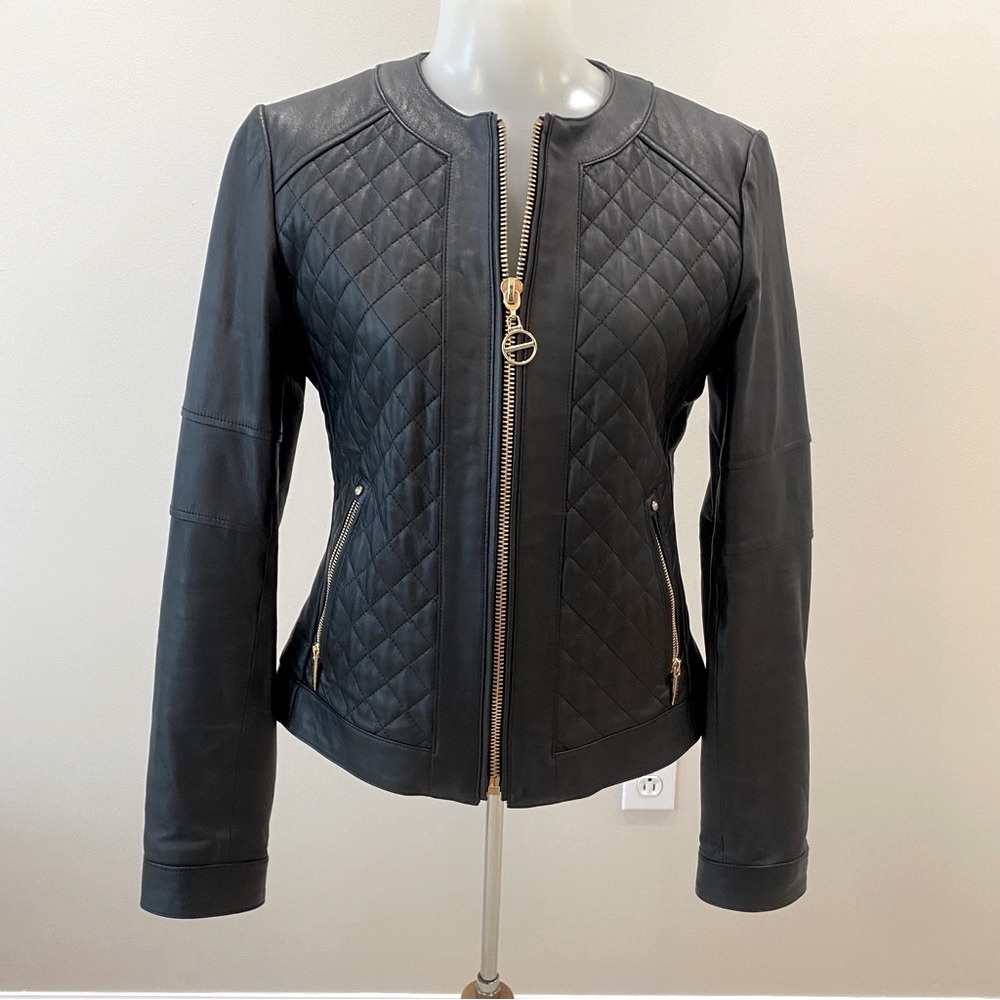 laundry by shelli segal black leather jacket quilted front gold zip size small